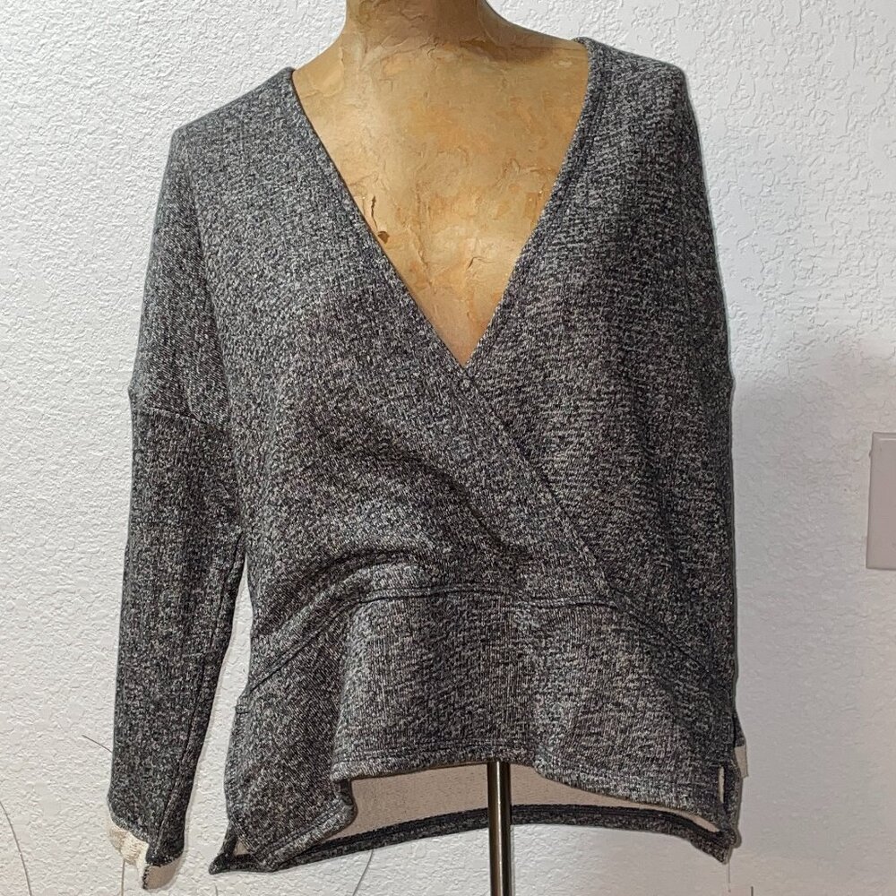 NWT $120 LILLA P Gray Marled Faux Wrap Pullover Top Sweater S